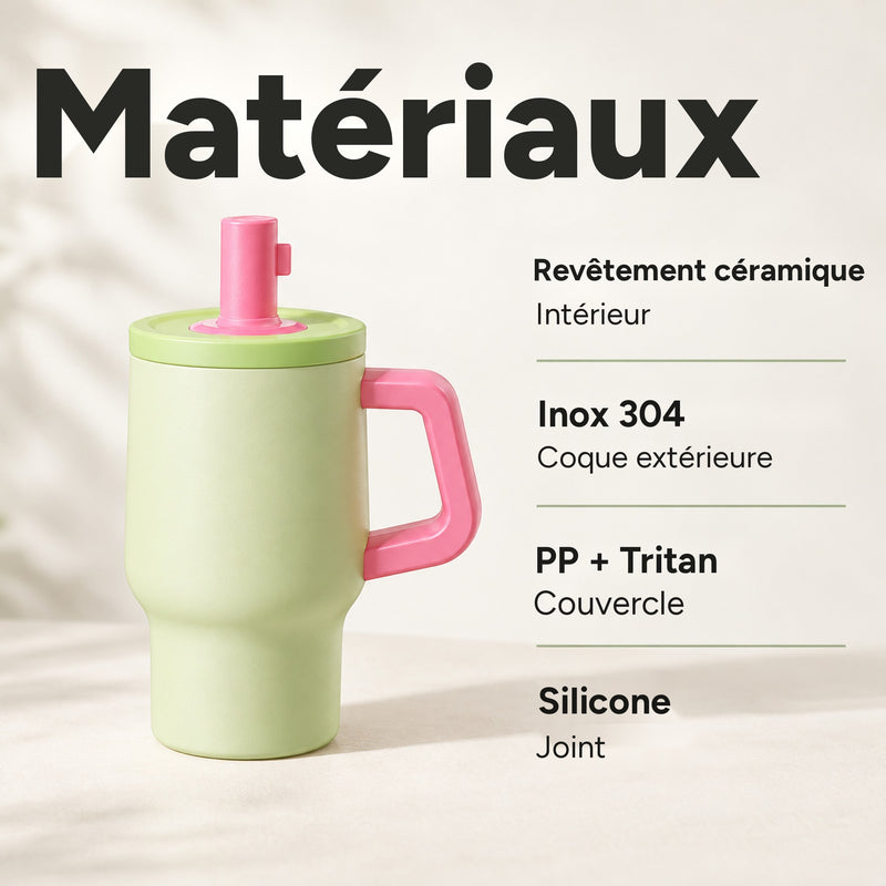 Gobelet vert et rose : revêtement céramique intérieur, coque en inox 304, couvercle en PP + Tritan, joint en silicone