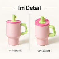 Vorder- und Schrägansicht des rosa Bechers mit grünem Henkel und Strohhalmkappe