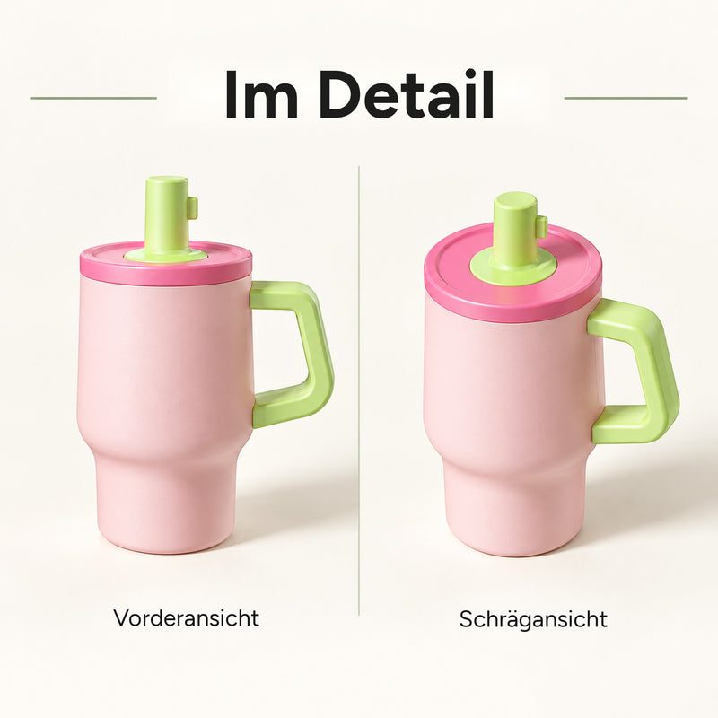 Vorder- und Schrägansicht des rosa Bechers mit grünem Henkel und Strohhalmkappe