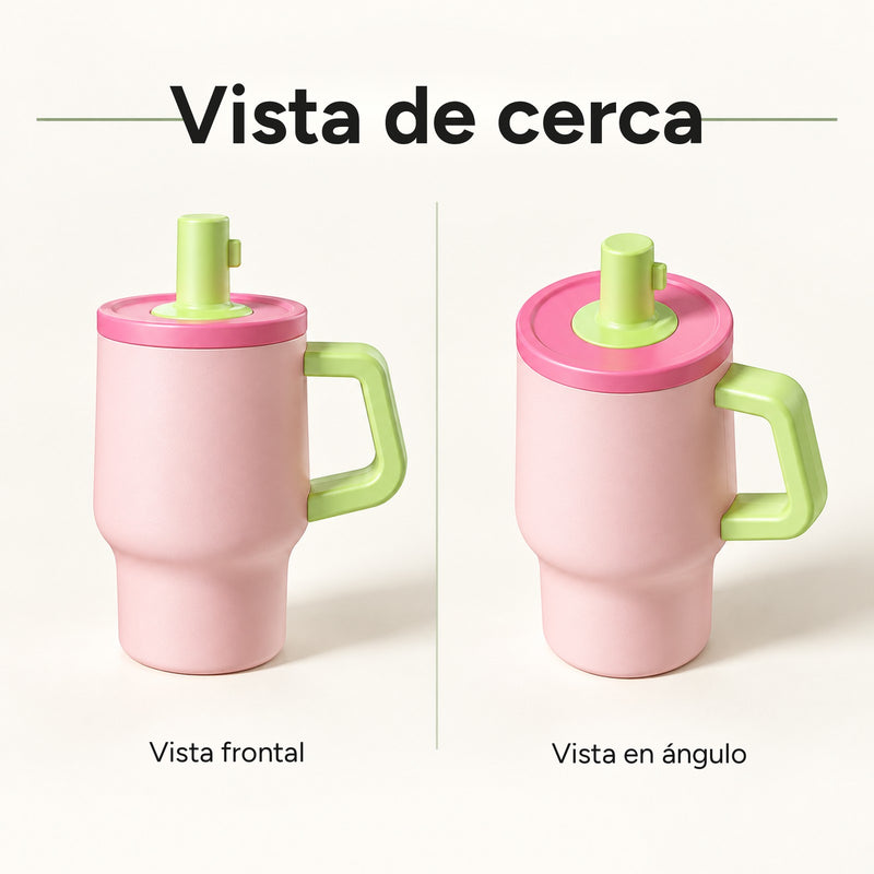 Vistas frontal y en ángulo del vaso rosa con asa verde y boquilla de pajita