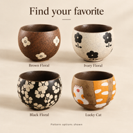 Quattro motivi per la tazza in ceramica: Fiori marroni, Fiori avorio, Fiori neri e Gatto portafortuna