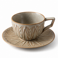 Gray-taupe ceramic coffee cup with sculpted leaf pattern and matching saucer on a white background