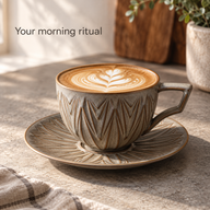 Leaf-textured ceramic coffee cup and saucer holding a latte on a kitchen counter
