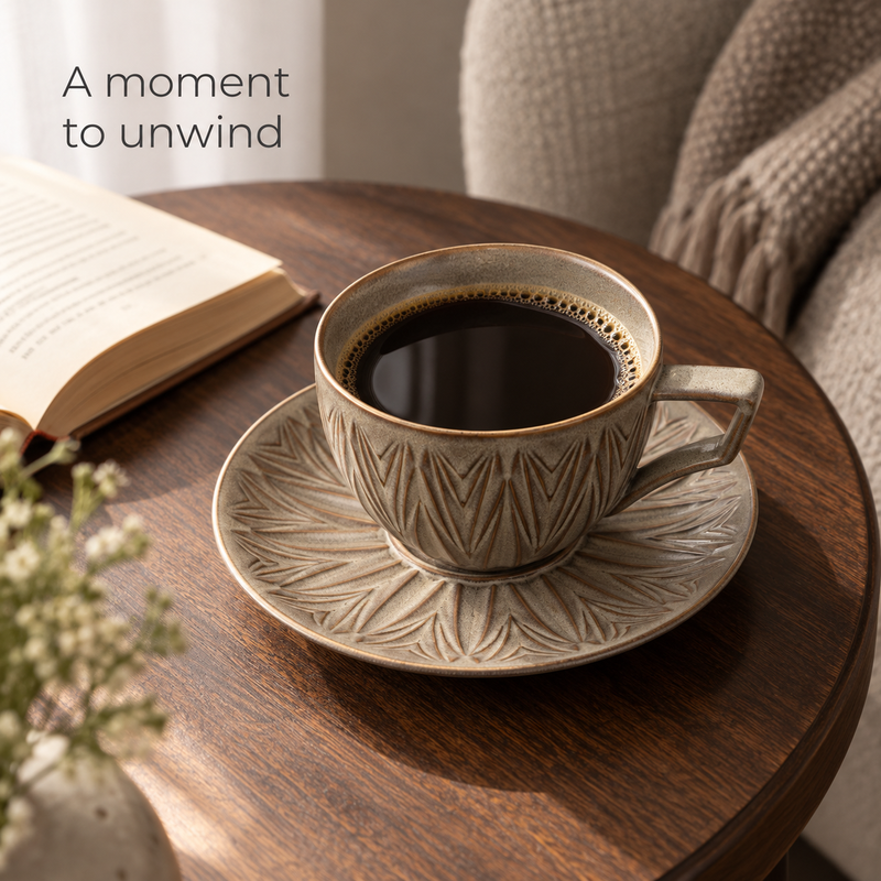 Gray-taupe ceramic coffee cup with black coffee on a saucer beside an open book