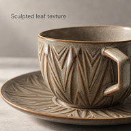 Close-up of the sculpted leaf texture and speckled glaze on the ceramic cup