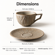 Dimensions of the 250 ml ceramic cup and matching 16.2 cm saucer in centimeters and inches