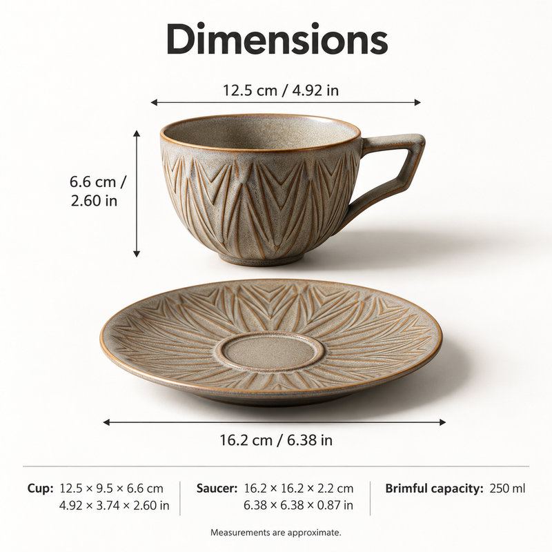 Dimensions of the 250 ml ceramic cup and matching 16.2 cm saucer in centimeters and inches