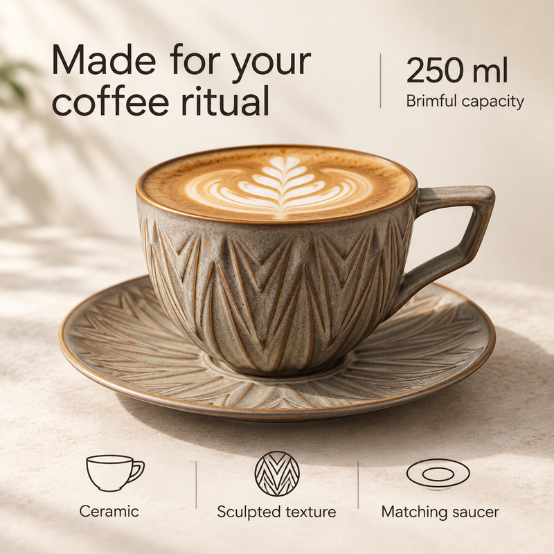 250 ml brimful ceramic coffee cup with sculpted texture and matching saucer