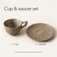 One empty gray-taupe ceramic cup and one matching leaf-patterned saucer shown separately