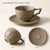 Front view, base and matching saucer of the leaf-textured ceramic coffee cup