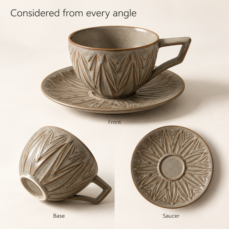 Front view, base and matching saucer of the leaf-textured ceramic coffee cup