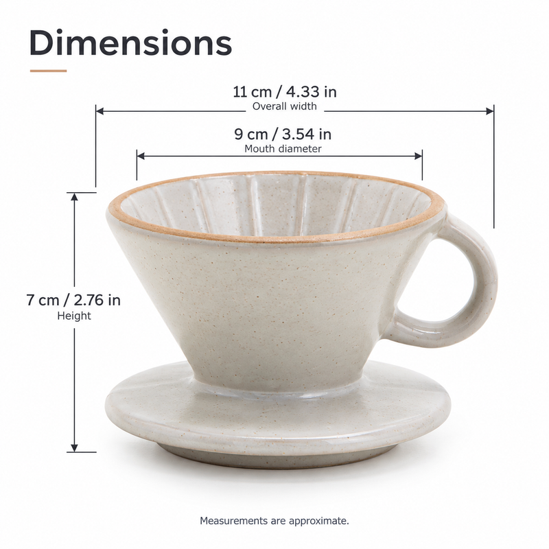 Ceramic dripper dimensions: 11 cm overall width, 9 cm mouth and 7 cm height, with inch equivalents