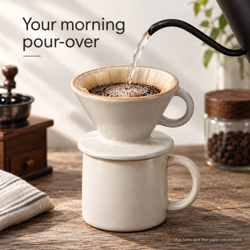 Cream ceramic dripper brewing pour-over coffee over a mug; mug and kettle not included