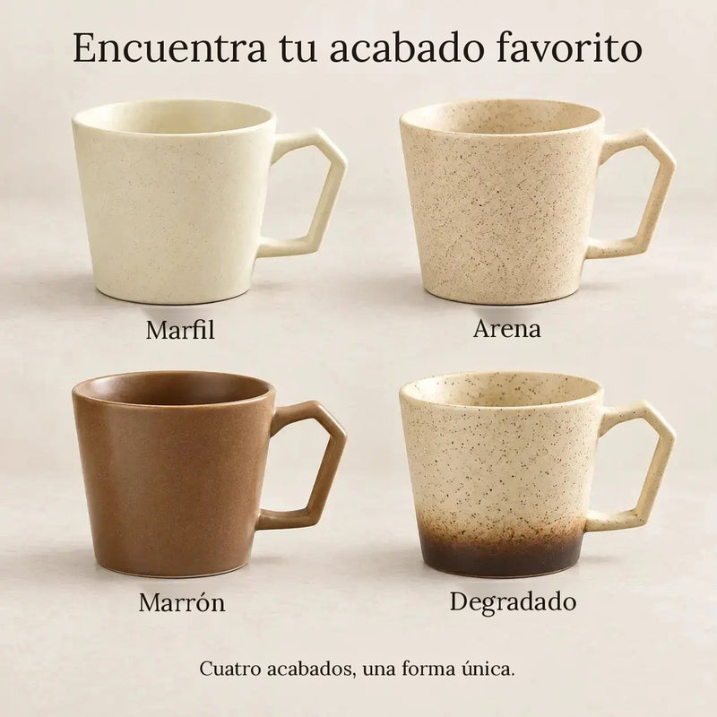 Taza de cerámica de boca ancha en cuatro acabados