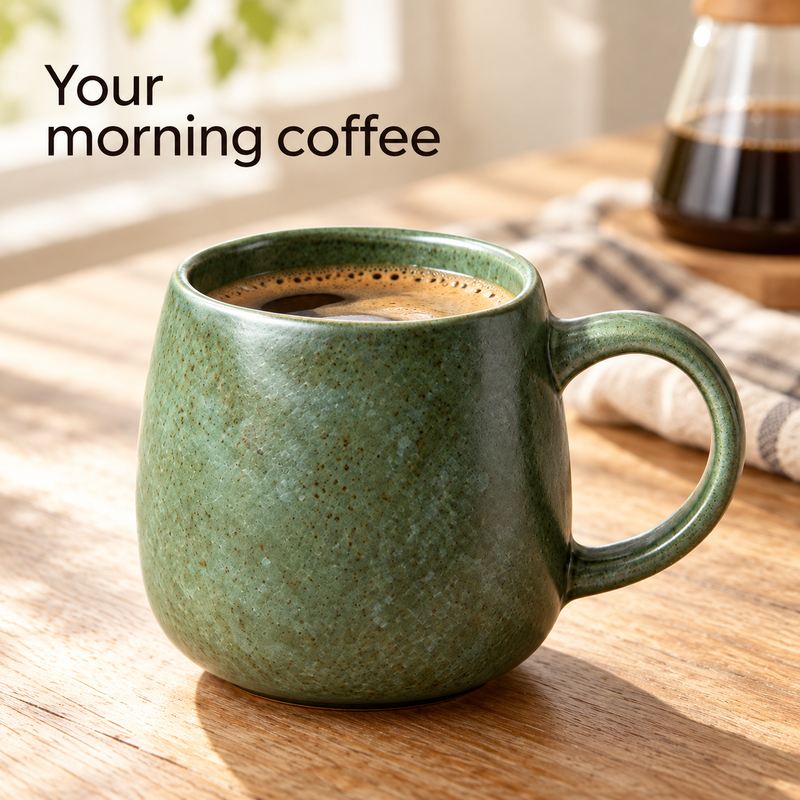 Grön keramikmugg fylld med kaffe på ett soligt köksbord i trä