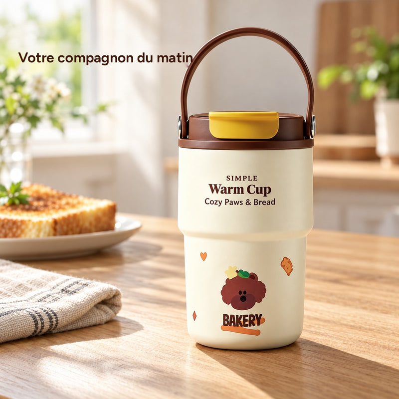 Tasse brun café à revêtement céramique sur une table de petit-déjeuner ensoleillée, à côté de toasts et d’une serviette en lin