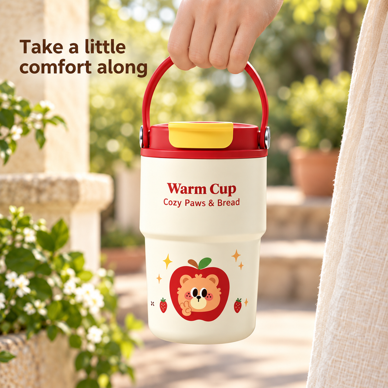 Red ceramic-lined coffee cup with a yellow lid cover carried by its red arch handle on a garden terrace.