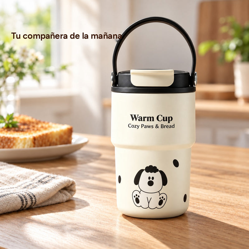 Taza con tapa negra, tapa abatible crema y dibujo de perro sentado en una mesa de desayuno