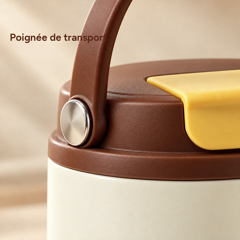 Gros plan de l’anse marron, de l’articulation argentée et du rabat jaune du couvercle