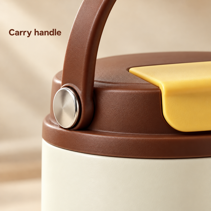 Close-up of the brown carry handle, silver pivot and yellow cover on the coffee cup lid.