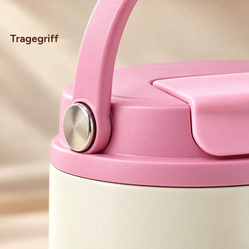 Nahaufnahme des rosa Deckels mit passendem Tragegriff und silbernem Seitengelenk