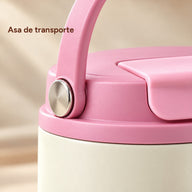 Primer plano de la tapa rosa con asa a juego y articulación lateral plateada