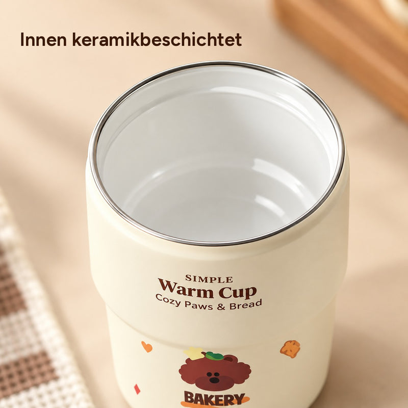 Geöffneter Becher mit weißer Keramikbeschichtung innen, dünnem Silberrand und brauner Aufschrift