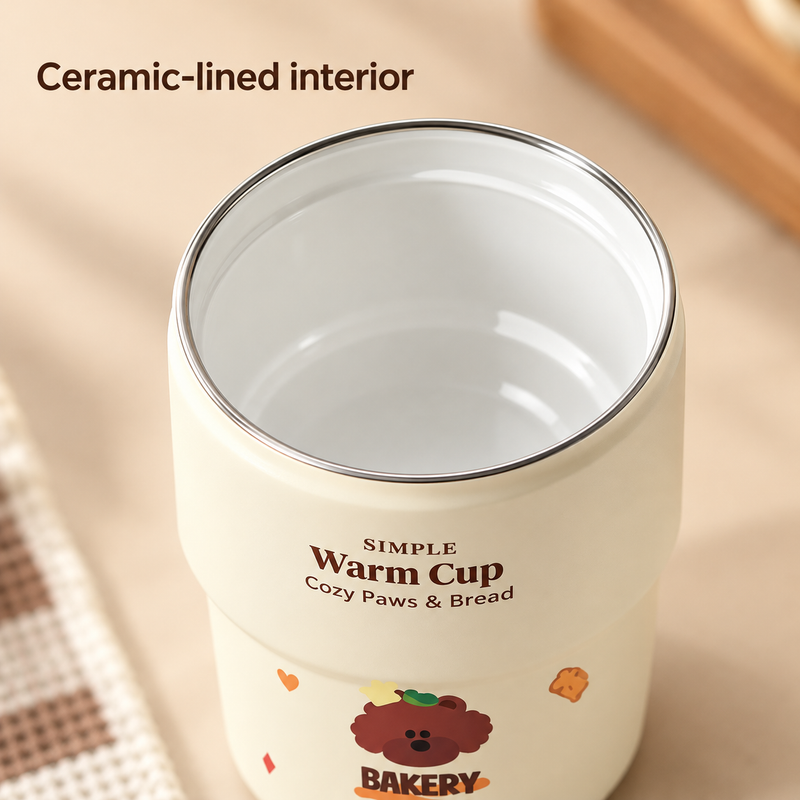 Open coffee cup showing the white ceramic-lined interior, thin silver rim and brown printed lettering.