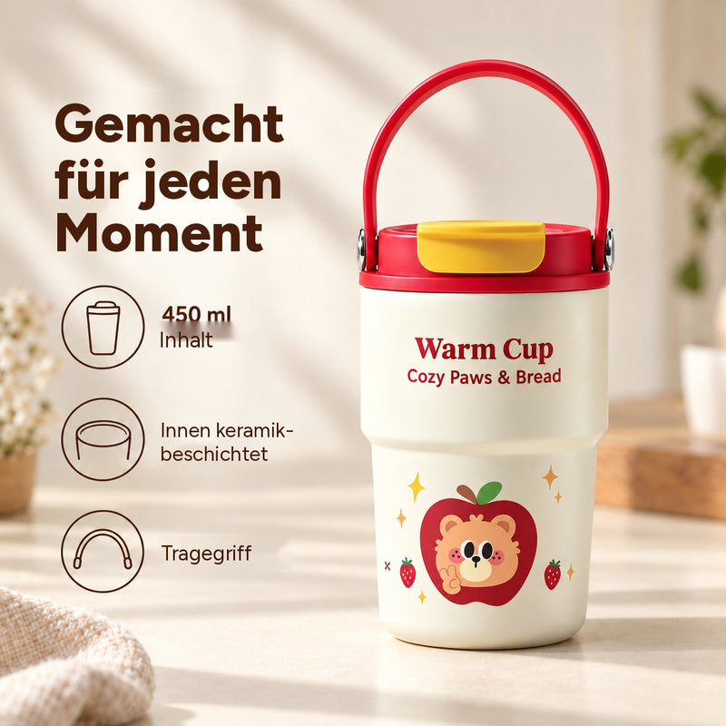 Roter 450-ml-Becher mit gelber Klappe neben Symbolen für Inhalt, Keramikbeschichtung und Tragegriff