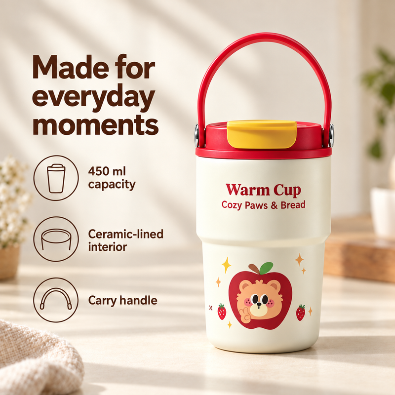 Red 450 ml cup with a yellow lid cover beside icons for capacity, ceramic-lined interior and carry handle.