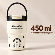 Black-lidded ceramic-lined coffee cup with seated dog artwork beside a 450 ml capacity label.