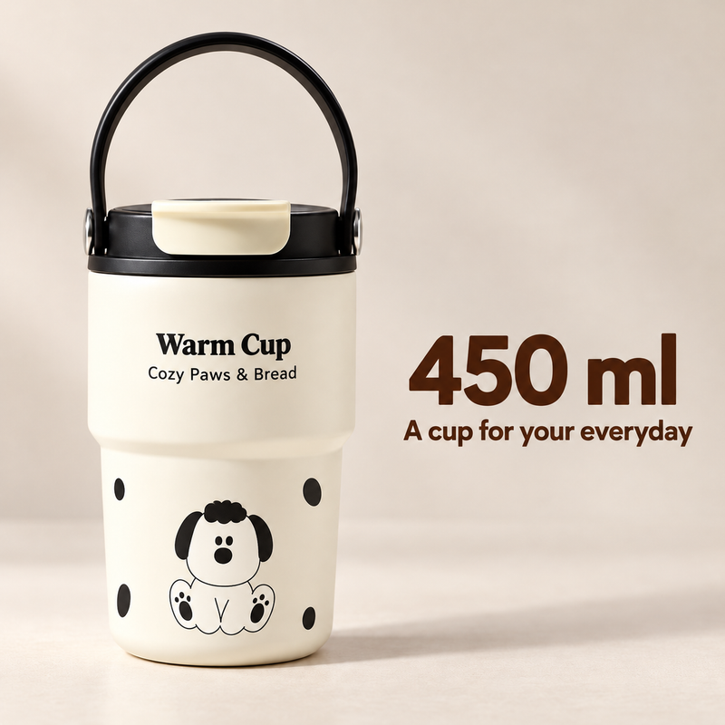 Black-lidded ceramic-lined coffee cup with seated dog artwork beside a 450 ml capacity label.