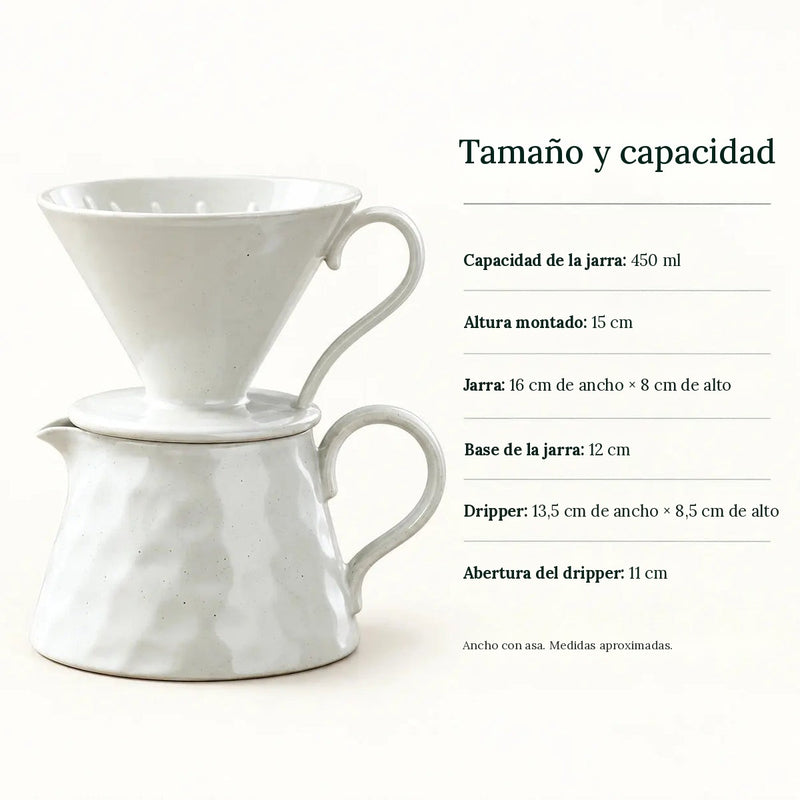 Medidas del gotero cónico de cerámica y de la jarra de 450 ml