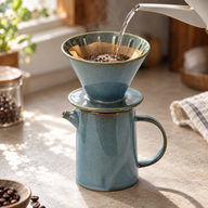 Water being poured through a paper filter in the blue ceramic dripper above the matching jug