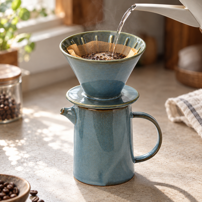 Water being poured through a paper filter in the blue ceramic dripper above the matching jug