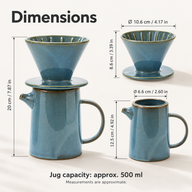 Ceramic pour-over set dimensions in centimeters and inches with approximate 500 ml jug capacity