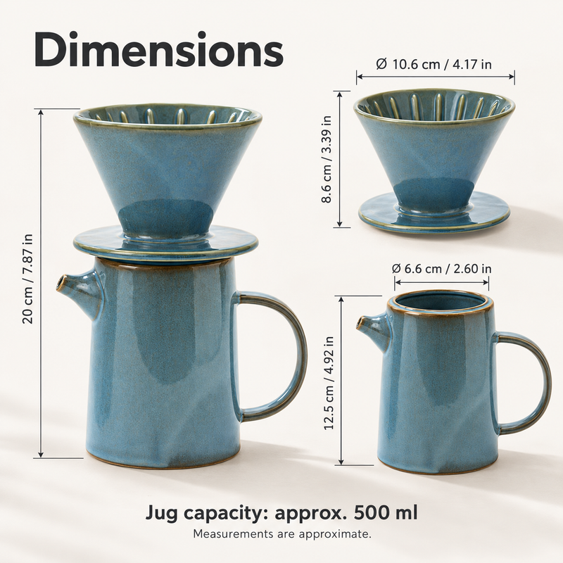 Ceramic pour-over set dimensions in centimeters and inches with approximate 500 ml jug capacity