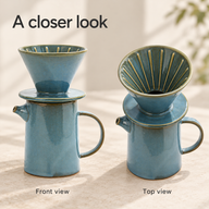 Front and elevated views of the same blue ceramic dripper and jug set
