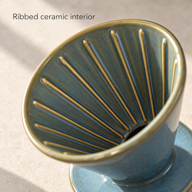 Close-up of the blue ceramic dripper interior with raised radial ribs