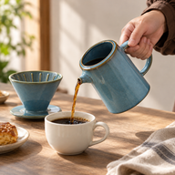 Blue ceramic serving jug pouring coffee into a cup beside the matching dripper