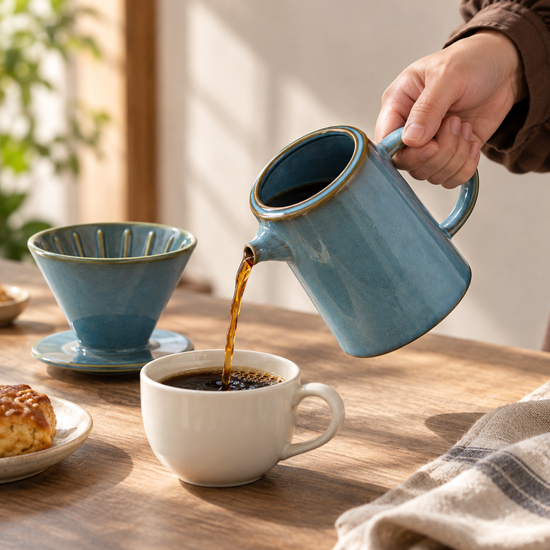Blue ceramic serving jug pouring coffee into a cup beside the matching dripper