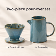 Set contents showing one blue ceramic dripper and one matching serving jug