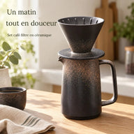 Set de café filtre moucheté anthracite dans une cuisine le matin