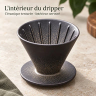 Dripper conique en céramique anthracite nervuré en gros plan