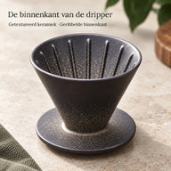 Close-up van de geribbelde antracietkleurige conische keramische dripper