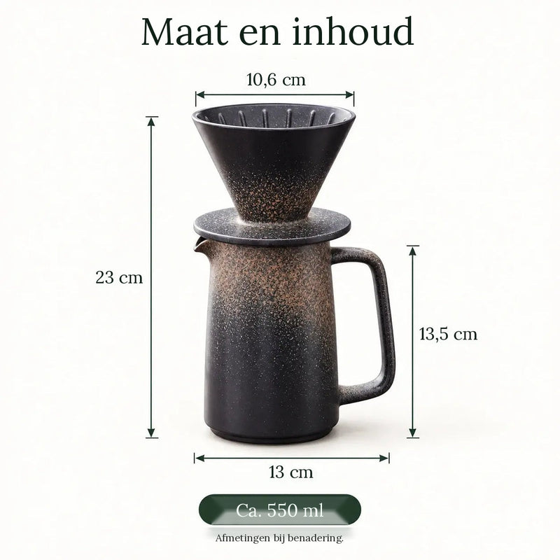 Afmetingen van de conische keramische dripper en de kan van 550 ml