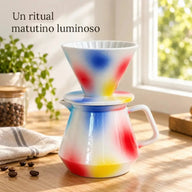 Set de café de filtro de cerámica en una cocina por la mañana