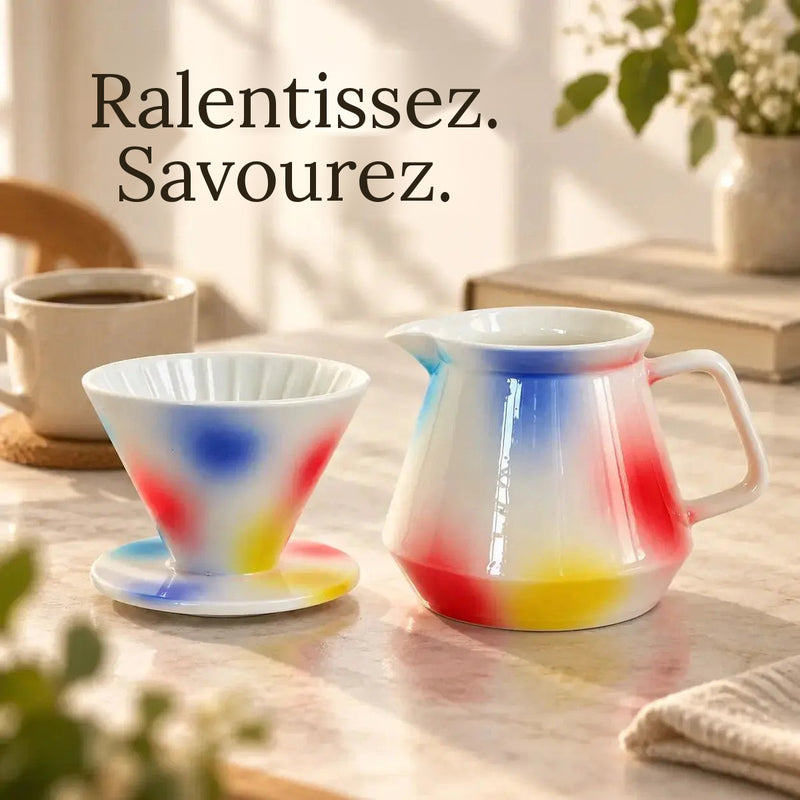 Dripper conique et carafe 600 ml en céramique sur une table