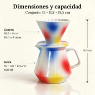 Medidas del set: 15 × 11,8 × 18,5 cm; gotero de 10,5 × 8 cm; jarra de 600 ml
