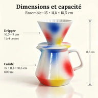 Dimensions du set : 15 × 11,8 × 18,5 cm ; dripper 10,5 × 8 cm ; carafe 600 ml